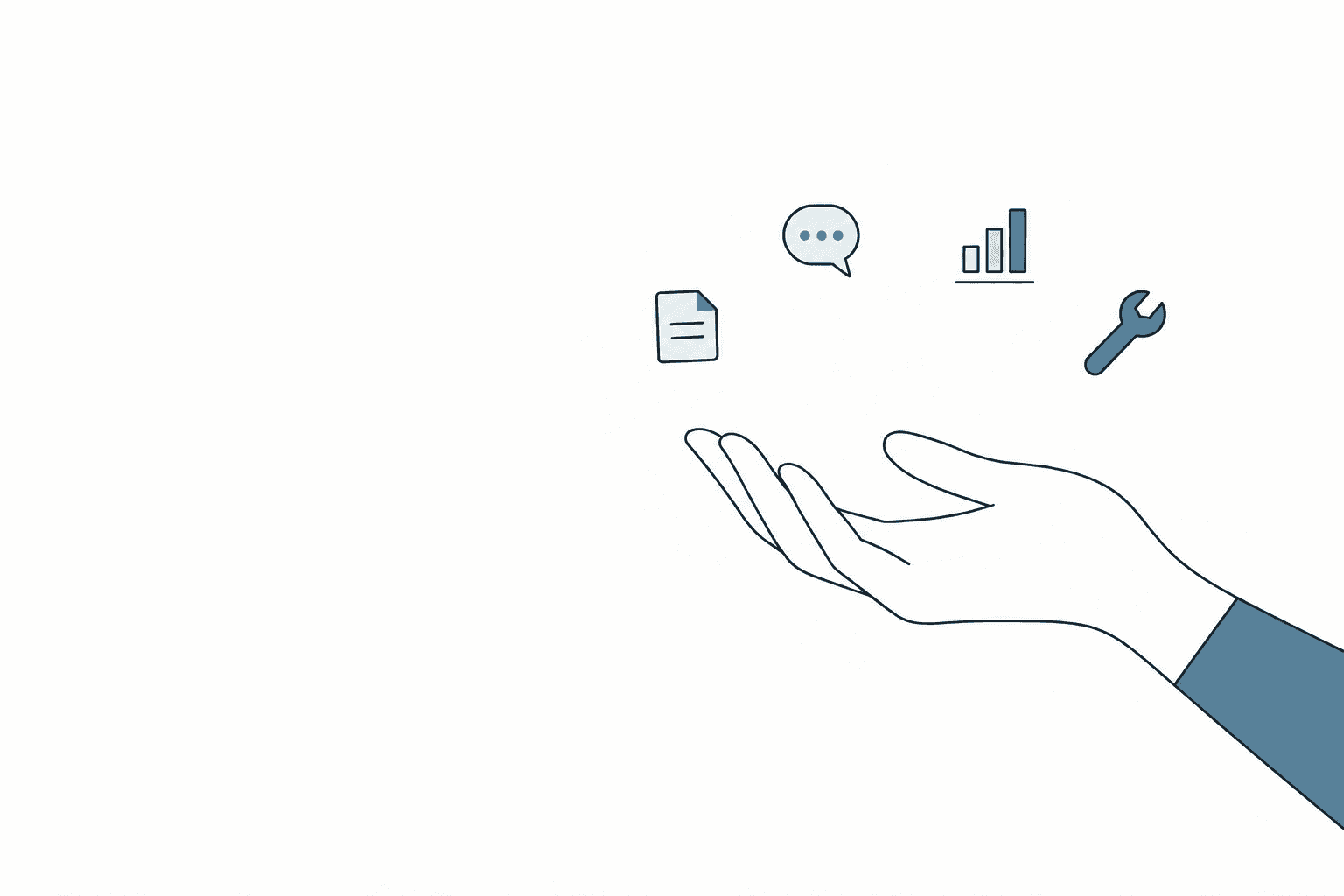 An open hand beneath a balanced arc of document, conversation, analysis, and tool icons.